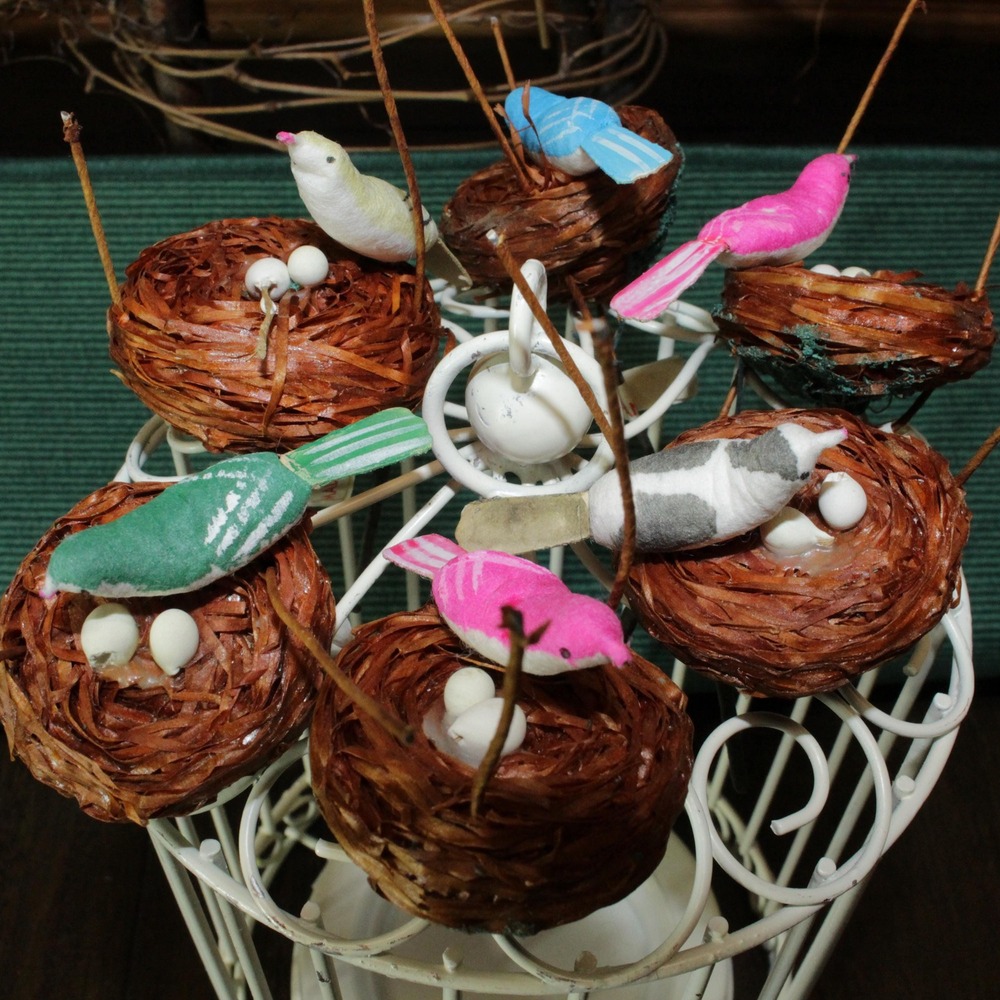 Vintage Japan Flocked Bird Nest Floral Picks Set of 6 Easter Spring Decor